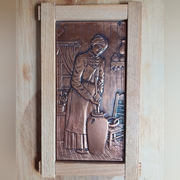 Vintage 1976 A. Nadeau's Embossed Copper Art of Woman Churning Butter - Picture 1 of 8